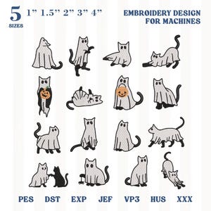 May include: A digital embroidery design set for machines featuring 15 unique illustrations of cats wearing white ghost costumes. Some cats hold orange jack-o'-lanterns or interact with a spider. Text includes 5 sizes: 1", 1.5", 2", 3", 4".