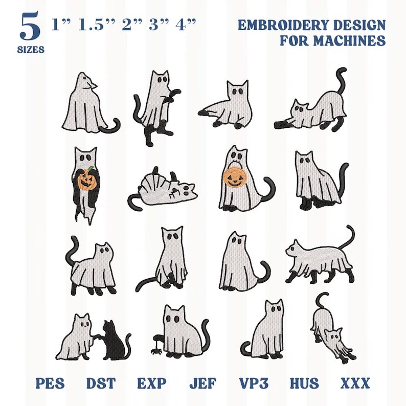 Puede incluir: Un conjunto de dise&ntilde;os de bordado digital para m&aacute;quinas con 15 ilustraciones de gatos con disfraces de fantasma blancos. Algunos gatos sostienen calabazas naranjas o interact&uacute;an con una ara&ntilde;a. Texto incluye 5 tama&ntilde;os: 1", 1.5", 2", 3", 4".