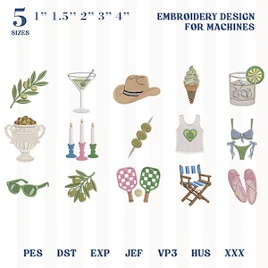 Könnte beinhalten: Stickdesign-Set mit sommerlichen Motiven. Enthält einen Cowboyhut, Eiswaffel, Cocktail, Olivenzweig, Martini, Kerzen und mehr. Größen von 2.5 cm bis 10 cm.