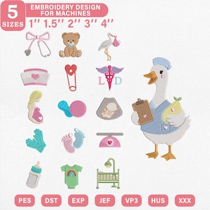 Pode incluir: Um conjunto de designs de bordado digital com ícones médicos e de bebé, incluindo um estetoscópio, um urso de peluche, uma cegonha, uma touca de enfermeira, um alfinete de ama, um caduceu, uma figura grávida, uma ecografia e uma gansa enfermeira.