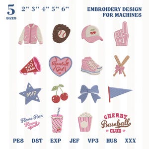 Op de afbeelding: Een digitale collectie borduurontwerpen voor machines met 16 iconen, waaronder een varsity-jack, honkbalhandschoen, pet met kersen, schuimvinger, megafoon, hart, sneakers, honkbalknuppels, ster, kersen, strik, wimpel en tekstafbeeldingen.