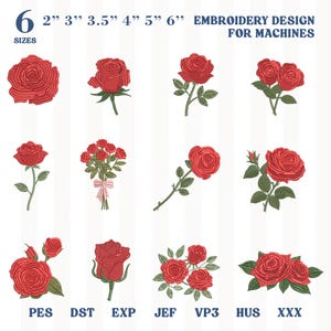 Könnte beinhalten: Eine digitale Sammlung von 12 roten Rosen-Stickmustern für Maschinen, erhältlich in 6 Größen von 2 bis 6 Zoll. Das Set enthält verschiedene Rosenarrangements, Stiele und Knospen sowie die Dateiformate PES, DST, EXP, JEF, VP3, HUS und XXX.