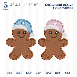 May include: Two brown gingerbread person embroidery designs for machines. One wears a light blue hat, the other a light pink hat, both with white trim. Text reads 5 SIZES 3" 3.5" 4" 5" 6" EMBROIDERY DESIGN FOR MACHINES and file formats PES DST EXP JEF VP3 HUS XXX.
