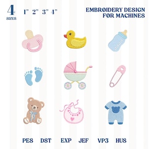 Mini Baby Embroidery Designs, Baby Shower, Boy, Girl Machine Embroidery Files, Kids Embroidery, Baby Feet, Duck, Bear, Stroller, Bibb