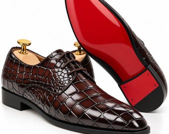 Chaussures habillées Oxford pour homme en cuir véritable à motif crocodile, fabriquées à la main – Chaussures de cérémonie marron de luxe