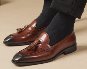 Handmade brown leather tassel loafers for men, burnished office shoes slip-ons