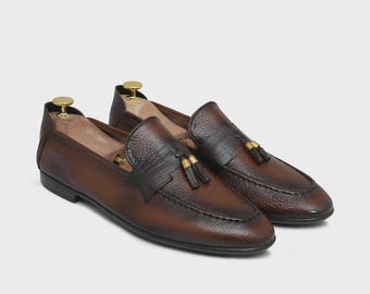 Men's Brown Tassel Loafers| Exotic Trim Leather Dress shoes Slip On Formal Footwear