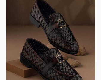 Handmade Brown Woven Leather Loafers for Men – Luxury Italian-Style Slip-On Dress Shoe