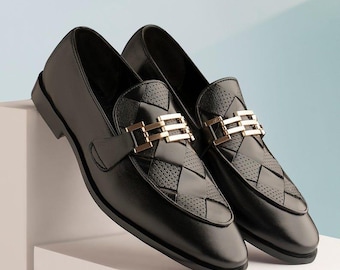 Men's  Handmade Black Calf Leather Horsebit Loafers – Bespoke Formal Slip On Dress Shoes