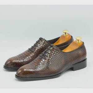 Handmade Brown Python Embossed Leather Oxfords, Men's Luxury Dress Shoes Wedding Gift