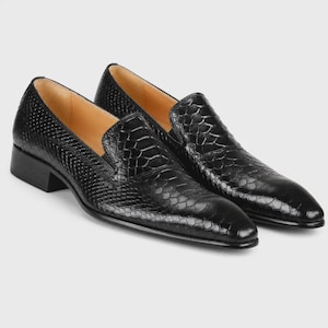 Handmade Black Python Embossed Leather Loafers: Italian Style Dress Shoes