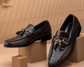 Mocassins à pampilles en cuir façon crocodile faits main, chaussures de mariage pour marié