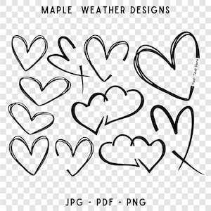May include: A set of 10 hand-drawn heart shapes in black ink. The hearts are drawn in a variety of styles, some with a more rounded shape and others with a more pointed shape. The hearts are all drawn on a transparent background.