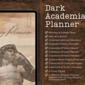 Puede incluir: Una agenda de cuero marrón con el texto "Dark Academia Planner" en blanco. La agenda incluye funciones como calendarios mensuales y semanales, tableros de visión, planificadores diarios, rastreadores de hábitos y páginas de notas.