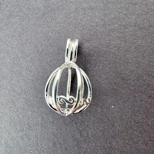 May include: Silver charm with a cage design and an infinity symbol. The cage is open on the top and bottom, allowing for a small object to be placed inside.