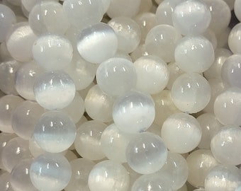 Selenite Beads: Natural Smooth Round Chatoyant Gemstone (6mm 8mm 10mm)