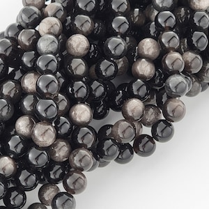 Silver Obsidian Beads Black Silver Gemstone Natural Smooth Crystal Round Beads Natural Stone 4mm 6mm 8mm 10mm silver sheen