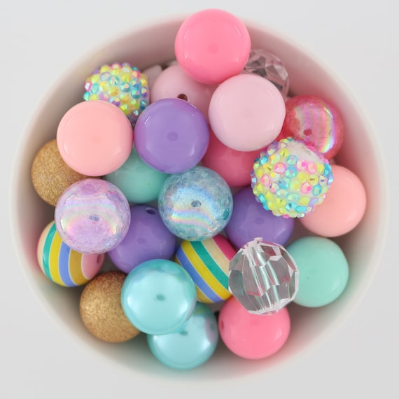 20mm Bubblegum Beads Pastel and Gold Mix, Acrylic Chunky Beads for DIY Crafts