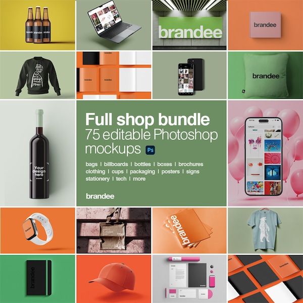 PSD Photoshop Design Mockups: 75 Smart mock-ups for Graphic Design, Logos, Branding and Presentations. Full shop bundle, editable & high-res