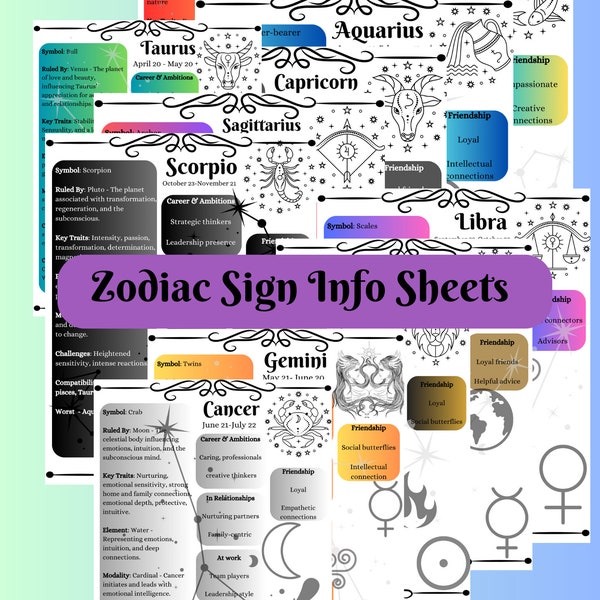 Astrology quick guides/zodiac cheat sheets/Learn your sign/Birth chart beginner/Digital guides