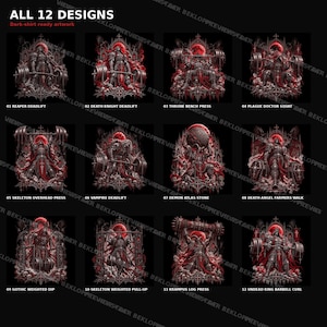 Könnte beinhalten: Eine Sammlung von 12 dunkel gestalteten Grafikdesigns für T-Shirts, die Skelettfiguren bei verschiedenen Gewichtheberübungen wie Kreuzheben, Kniebeugen und Drücken zeigen. Jede Illustration enthält rote Akzente, gotische Architekturelemente und einen roten Mond.