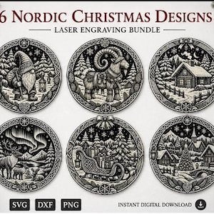 Könnte beinhalten: Ein digitales Set mit dem Titel 6 NORDIC CHRISTMAS DESIGNS LASER ENGRAVING BUNDLE mit sechs kreisförmigen schwarz-weißen Illustrationen. Die Motive zeigen einen Wichtel, einen Ziegenbock, eine Hütte, Rentiere, einen Schlitten und ein Dorf.