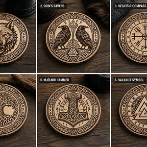 Könnte beinhalten: Ein Set aus sechs runden Holzuntersetzern mit Gravuren aus der nordischen Mythologie. Die Motive zeigen den Fenriswolf, Odins Raben, den Vegvísir-Kompass, den Weltenbaum Yggdrasil, den Hammer Mjölnir und das Valknut-Symbol mit Knotenmuster.