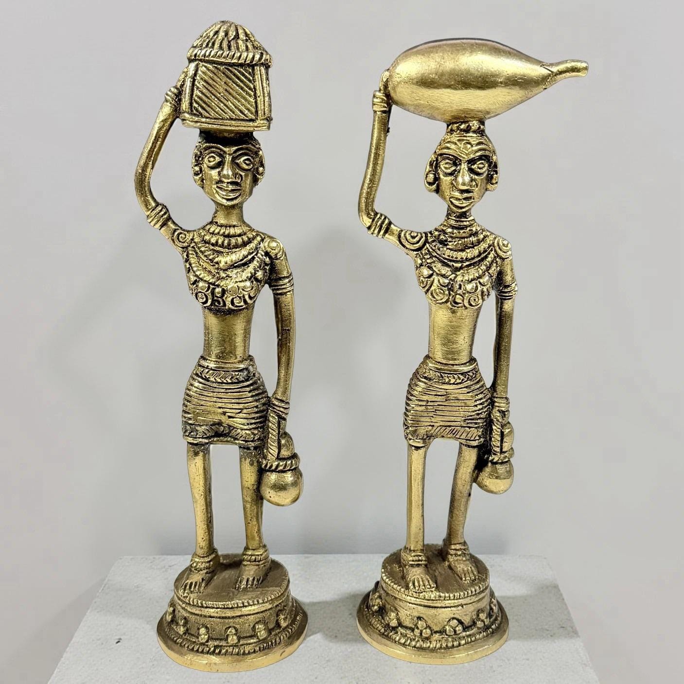 Retro Pair of Solid Brass Tribal Women Figurines Dhokra Style Water Carriers 7"