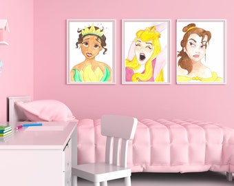 Sleepy Beauties Tired Princesses-Hand Drawn and Painted Wall Art for Nursery, Kids Room, Playroom