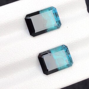 Puede incluir: Dos piedras preciosas rectangulares con borde negro y centro azul verdoso. Las gemas están sobre una superficie blanca. Las gemas tienen una superficie pulida y reflectante.