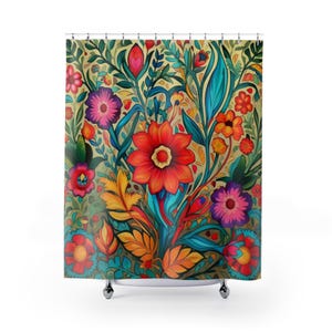 May include: A colorful shower curtain with a floral pattern. The flowers are red, orange, yellow, blue, and pink. The background is a light green.