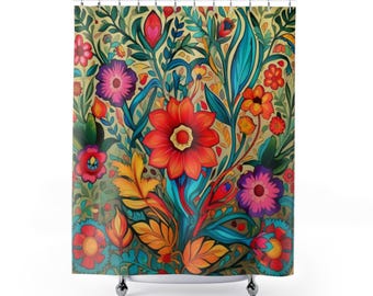 Beautiful Mexican Folk Art Unique Shower Curtains/ Cortinas Mexicanas de Baño / Otomi Flowers/ Cultura Latina / Talavera