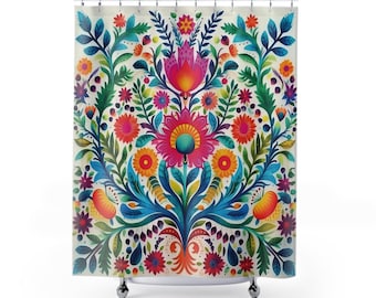 Beautiful Mexican Botanical Style Folk Art Unique Shower Curtains/ Cortinas Mexicanas de Baño / Otomi Floral/ Cultura Latina / Talavera