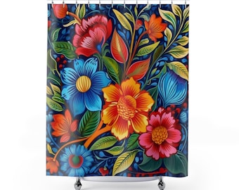 Beautiful Mexican Folk Art Unique Shower Curtains/ Cortinas Mexicanas de Baño / Otomi Flowers/ Cultura Latina / Talavera