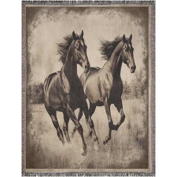 Woven San Marcos Mexican Style Blanket Horses Caballos Animal Wildlife Blanket Lightweight Blanket
