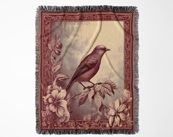Woven Bird Watcher San Marcos Vintage Style Tapestry Mexican Blanket, Cobija Mexicana De Pajaros estilo San Marcos, Animal Wildlife Nature