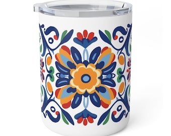 Cute, Colorful, Mexican Folk Art, Tazita, Jarrito, Talavera, Floral, Botanical Insulated Coffee Tea Travel Mug Tumbler, Taza De Cafe 10oz