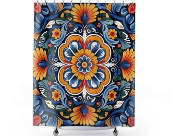 Tenda Da Doccia Messicana Floreale Otomi, 175x178 Cm, Stile Etnico Cachemire Con Ganci, Accessorio Bagno Moderno