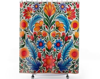 Tenda Da Doccia Messicana Floreale Otomi 175x178cm - Stile Etnico Boho Con Ganci Inclusi - 2