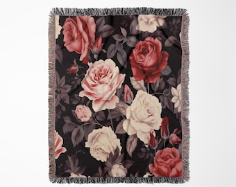 White Decaying, Dying Roses Vintage, Dark Moody Floral Botanical Print, Mexican Style Gothic Tapestry Woven Blanket