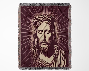 Woven Style Jesus Christ Blanket / Cobija / Christ is King / Jesucristo / Christian / Catholic / Religious Cross Bible Christmas Gift/ Faith