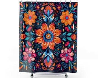 Beautiful Mexican Botanical Style Folk Art Unique Shower Curtains/ Cortinas Mexicanas de Baño / Otomi Floral/ Cultura Latina / Talavera
