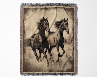 Woven San Marcos Mexican Swap Meet Vintage Horses Blanket, Cobija Mexicana de Caballos, Animal Wildlife Western Horse Pony Print Blanket