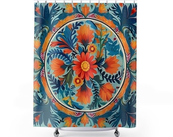 Beautiful Mexican Folk Art Unique Shower Curtains/ Cortinas Mexicanas de Baño / Otomi Flowers/ Cultura Latina / Talavera