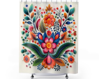 Beautiful Mexican Botanical Style Folk Art Unique Shower Curtains/ Cortinas Mexicanas de Baño / Otomi Floral/ Cultura Latina / Talavera