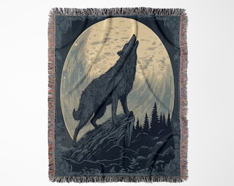 San Marcos Style Swap Meet Mexican Style Blanket/ Cobija / Mystical Animal Vintage Wolf Howling at Moon Print, Lightweight Blanket