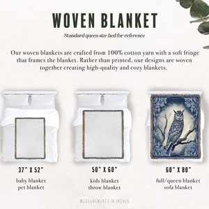 May include: A woven blanket with an owl design in blue and white colors. The blanket is available in three sizes: 37" x 52", 50" x 60", and 60" x 80".
