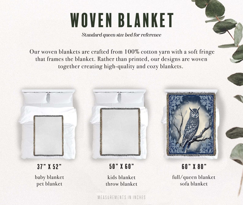 May include: A woven blanket with an owl design in blue and white colors. The blanket is available in three sizes: 37" x 52", 50" x 60", and 60" x 80".