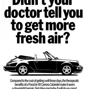 Porsche 911 Cabriolet Doctor Fresh Air Poster 8"x10" Sports Car Vintage Style Advertisement Ad Wall Art Funny Automobile Gift