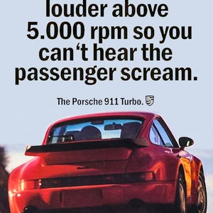 Porsche 911 Turbo „LOUDER 5K RPM SCREAM“ Poster 8"x10" Druck Sportwagen Vintage Stil Werbung Werbung Wandkunst Lustiges Auto Geschenk Carrera 930